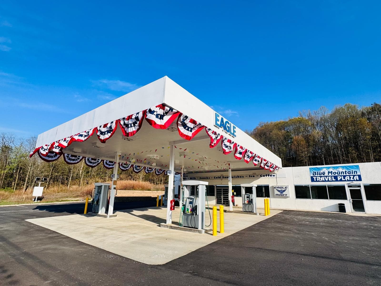 Patriotic bunting along the canopy at Blue Mountain Travel Center
