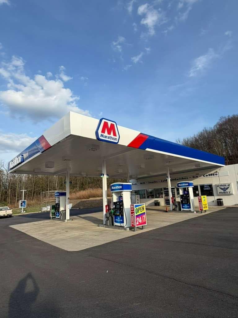 Marathon fuel pumps under the canopy at Blue Mountain Travel Center
